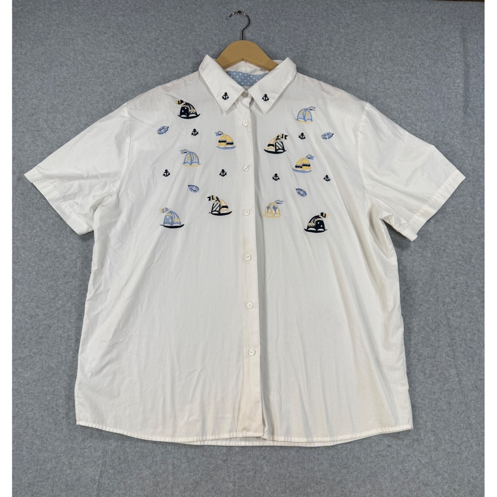 Karen Scott XL Button Up Nautical Coastal Cotton Blend Embroidered Sailboat